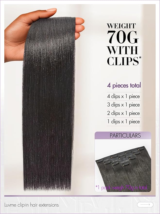 LUVME Yaki Straight Seamless 70g 4Pcs Clip in Hair Extensions Full Max with 24inch Remy Human Hair Clip ins Extensions, Natural Black 100% Real Soft Hair