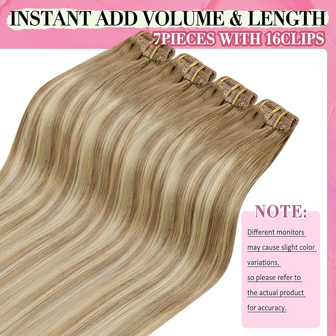 YoungSee Clip in Human Hair Extensions Blonde Balayage Human Hair Clip in Extensions Golden Brown Mix Platinum Blonde Clips in Hair Extensions Real Human Hair for Woman 18inch 120g