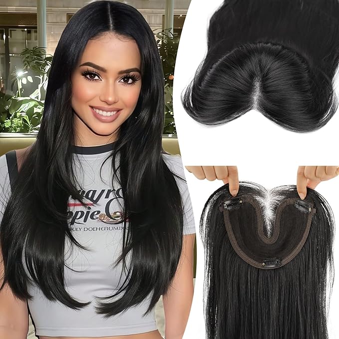 Isaic 24 Inch Synthetic Hair Topper for Women, Jet Black Middle Part Hand-Tied Lace Part Hairpiece with Clips, Long Hair Topper for Thinning Hair on Top, Natural Scalp Realistic Coverage (Jet Black)