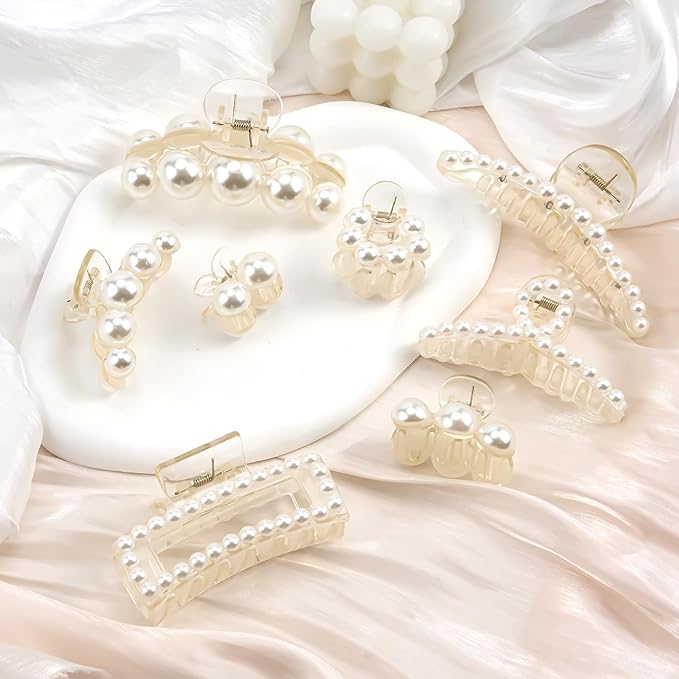 Pearl Hair Accessories for Women - 8Pack Claw Clips for Thick and Thin Hair, Barrettes for Styling and Weddings