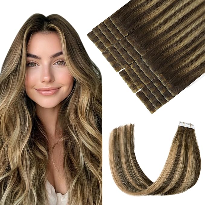 Pinkpearl Invisible Tape in Hair Extensions Human Hair, 20pcs 16inch 45g #4/27/4 Balayage Chocolate Brown to Caramel Blonde Injection Tape in Extensions Real Remy Seamless Human Hair Injected