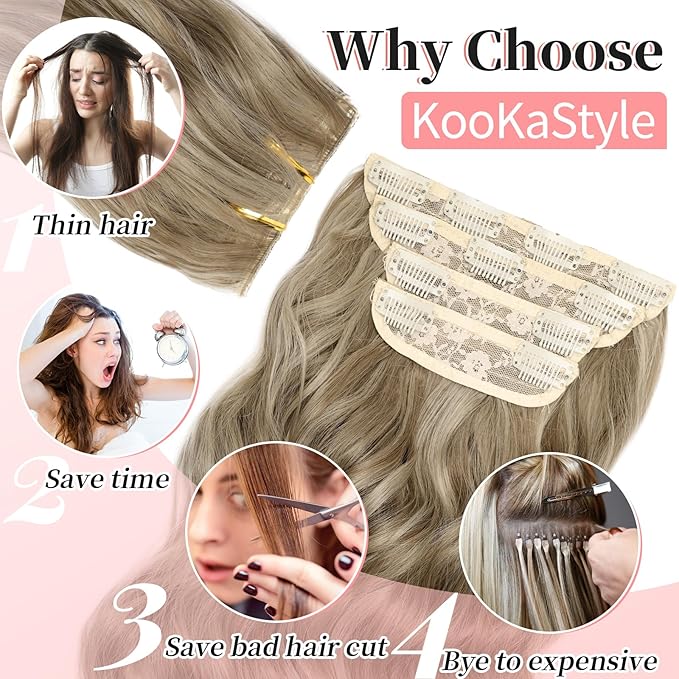 KooKaStyle Hair Extensions Ashy Taupe Blonde Clip in Synthetic Highlight Long Wavy 4PCS Thick Hairpieces for Daily Use 24 Inch for Women