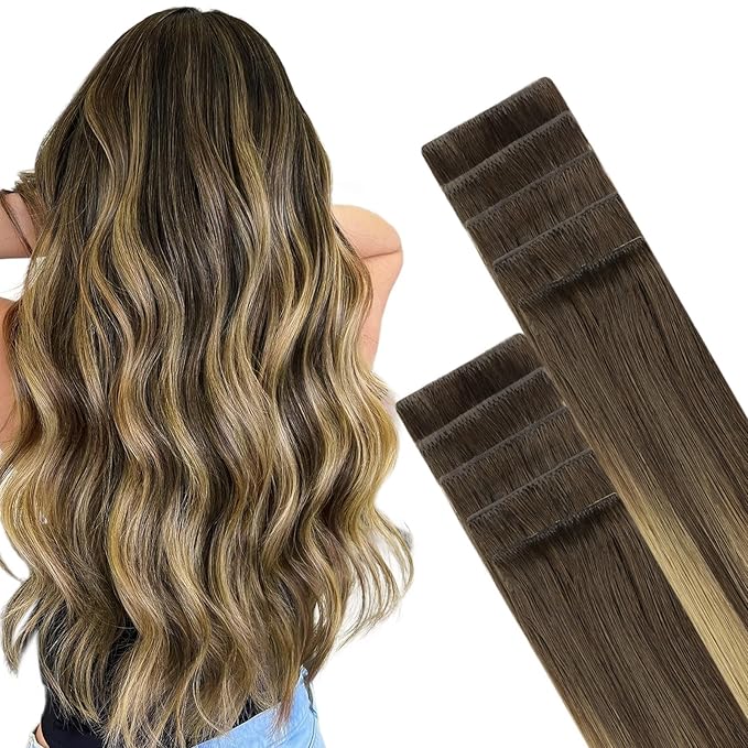 GOO GOO Invisi Edge Tape in Hair Extensions Human Hair, 4/27/4 Balayage Chocolate Brown to Caramel Blonde, 10pcs 18inch 25g, Virgin Remy Hair, Seamless Injected Tape, Natural Look