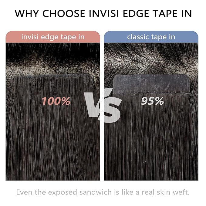COOKAYU Invisible Tape in Hair Extensions, Darkest Brown 20Inch 45g 20pcs Seamless Invisi Edge Tape in Human Hair Straight Invisible Hair Extensions