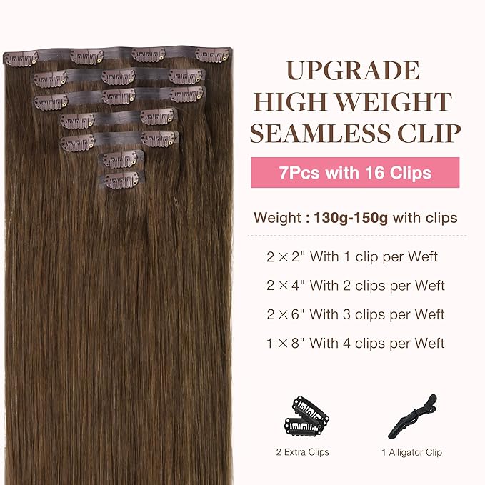 GOO GOO Clip in Hair Extensions Real Human Hair, Remy Human Hair Extensions Clip ins for Women, Natural Human Hair, 18inch 130g 7Pcs, 4A Chocolate Brown