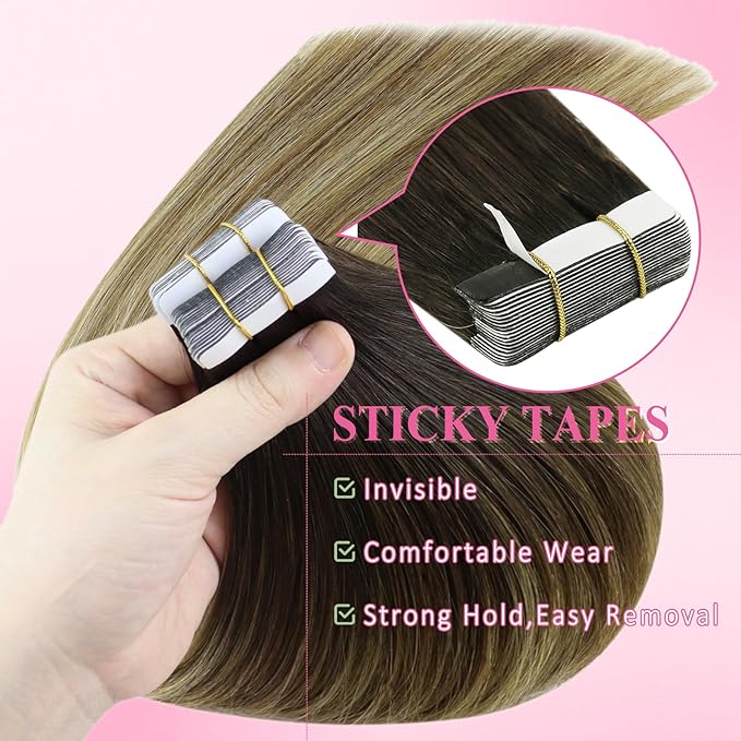 YoungSee Tape in Hair Extensions Human Hair Balayage Dark Brown Tape in Hair Extensions Dark Brown Ombre Medium Brown with Blonde Hair Extension Tape-in -Remy Hair Extension 14In 20pcs 50g