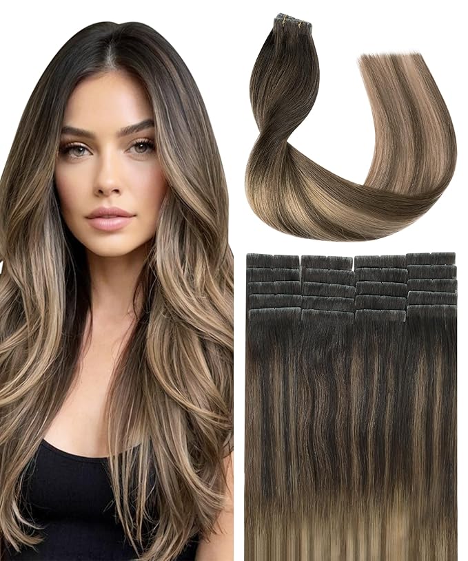 SURNEL Injection Tape in Extensions Real Human Hair 18Inch Dark Brown to Dirty Blonde Invisible Tape in Extensions 20 Pcs 40g(#2618,18)