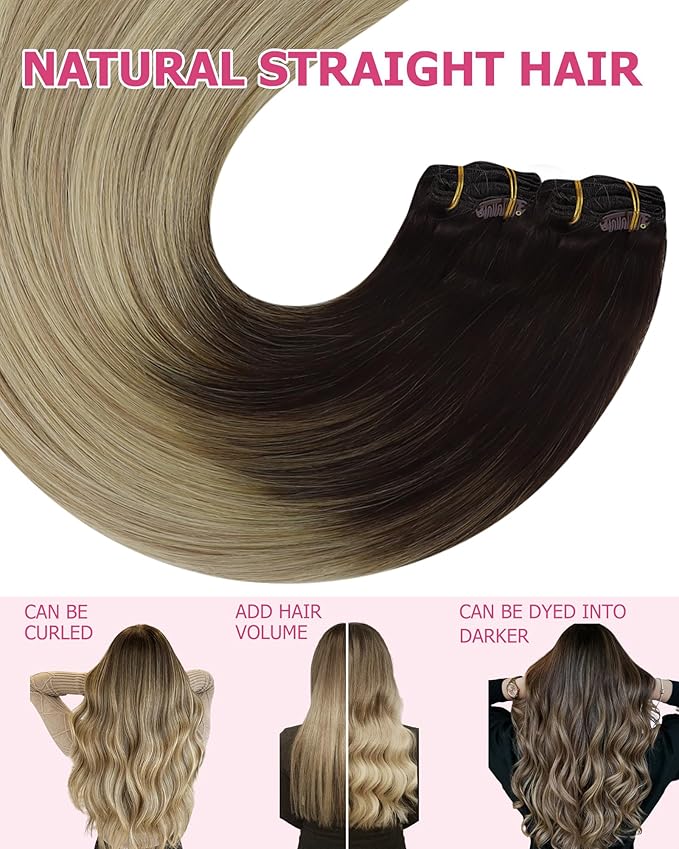 YoungSee Hair Extensions Clip ins Brown Ombre Clip in Hair Extensions Real Human Hair Medium Brown Ombre Golden Blonde Mix Platinum Blonde Clip in Extensions Straight Hair for Women 16Inch 120G