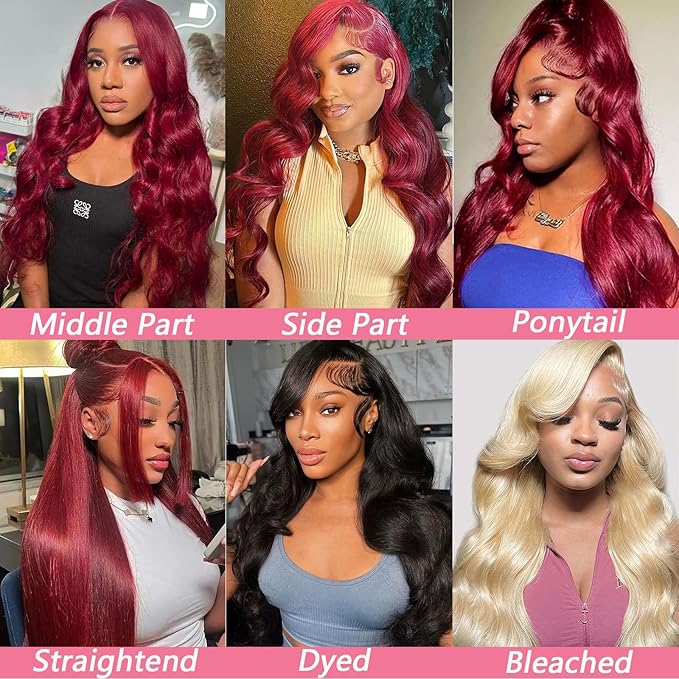 99J Burgundy Wig Human Hair 13x4 Body Wave Lace Front Wigs Human Hair 180 Density Pre Plucked Glueless Wine Red Colored Lace Front Wig for Women 20 Inch