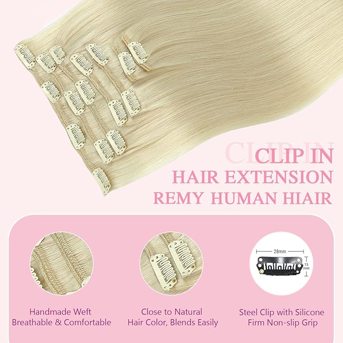 PINKPEARL Clip in Hair Extensions #60 Platinum Blonde Clip in Hair Extensions Real Human Hair 7pcs 120g 18inch Blonde Hair Extensios Clip ins for Women Straight Natural Human Hair Clip ins (#60-18)
