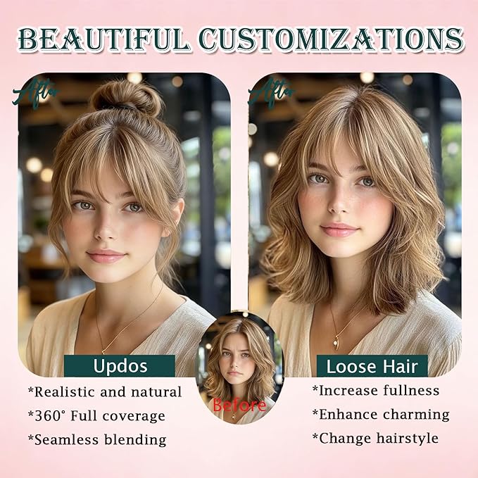 Benehair Clip on Bangs Human Hair, Front Hair Extensions for Women Hair Pieces with Temples for Daily Wear (Medium Brown highlights dark blonde)