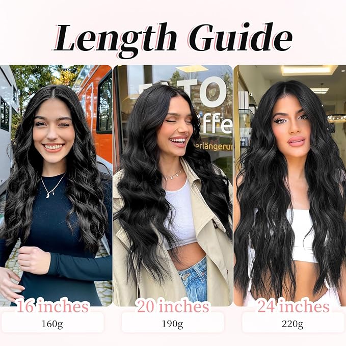 KooKaStyle Clip in Synthetic Hair Extensions Long Wavy 4PCS Thick Hairpieces Black Fiber Double Weft Natural Hair Extensions 16 Inch for Women