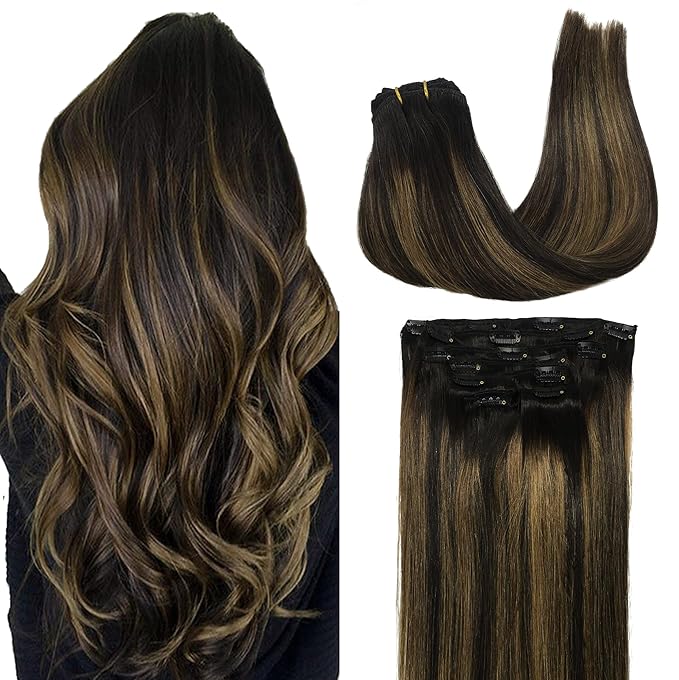 GOO GOO Clip in Hair Extensions Real Human Hair, Remy Human Hair Extensions Clip ins for Women, Natural Human Hair, 20inch 160g 7Pcs, #1B/6/1B Balayage Natural Black to Chestnut Brown