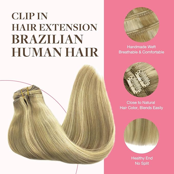 GOO GOO Clip in Hair Extensions Real Human Hair, Remy Human Hair Extensions Clip ins for Women, Natural Human Hair, 26inch 260g 9Pcs, #16/22 Light Blonde Highlighted Golden Blonde