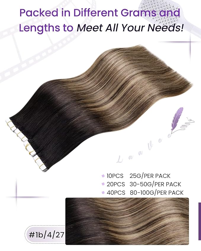 LaaVoo Tape in Hair Extensions Human Hair Ombre Hair Extensions Tape in Black to Brown Mix Caramel Blonde Tape on Extension Seamless 18 Inch 40pcs 100g
