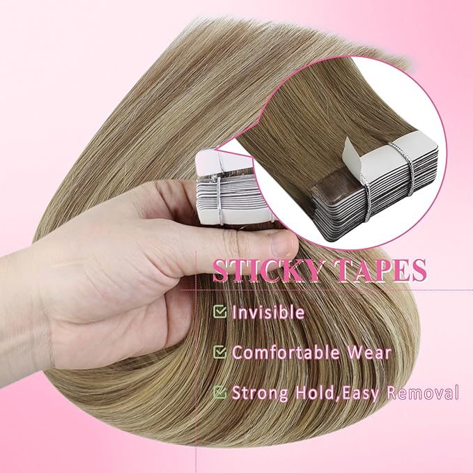 YoungSee Tape in Hair Extensions Real Human Hair Balayage Tape in Extensions Light Brown Ombre Blonde Human Hair Tape-in Extension Invisible Tape-on Hair Extension 16In for Women 50g