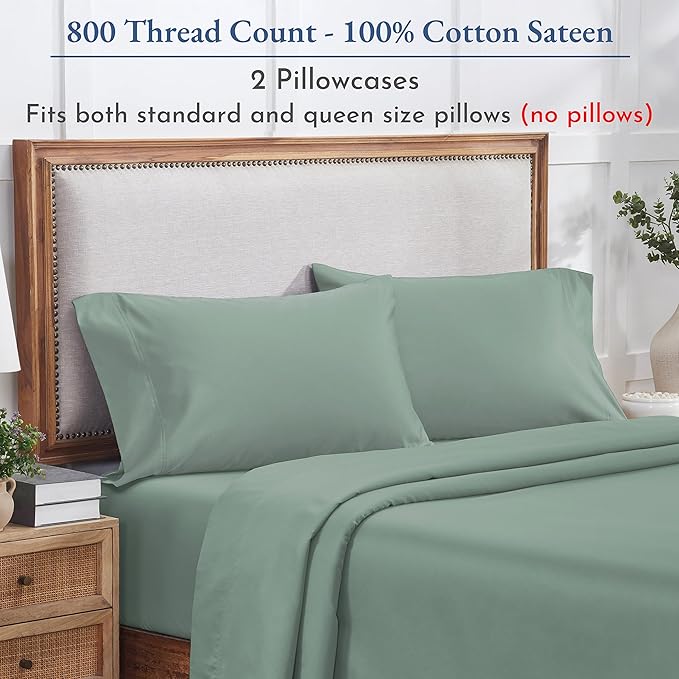 California Design Den Standard/Queen Size Pillow Cases Set of 2 - Luxuriously Soft and Thick 800 Thread Count, Smooth Sateen, Natural 100% Cotton Pillowcases Queen, Durable -Sage Green