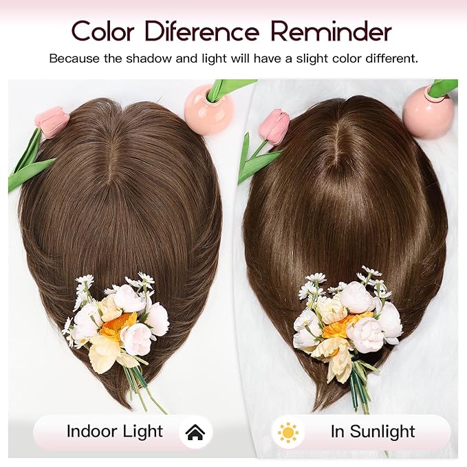 EMMOR Human Hair Toppers for Women Short Bob Real Hair with Bangs 10" Side Part Hairpieces for Women with Thin Hair 6.5" × 6.5" Larger Base Human Wig Toppers(Brown)