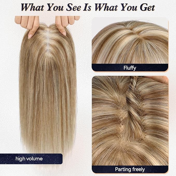 starluck Hair Toppers for Women Real Human Hair With Bangs, 100% Remy HumanHair Toppers for Women Hand-woven with Thinning,Cover Gray Roots,Adds Volume,Mixed Blonde And Brown