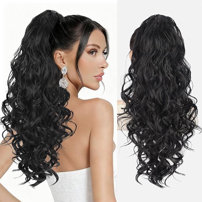 QGZ Ponytail Extension 20 Inch Claw Clip Ponytail Hair Extension Natural Synthetic Curly Wavy Hairpiece for Women Daily Use(Black)