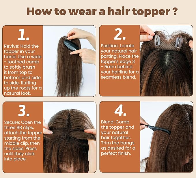 8x11cm Breathable Hair Topper, 12 inches 35g 120% Density Real Human Hair, 3 Non-Slip BB Clips, Wearable on Left, Right & Middle Part, Versatile Styling for Hair Loss & Volume Boost (Grey)