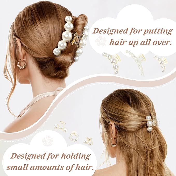Pearl Hair Accessories for Women - 6PCS Claw Clips for Thick and Thin Hair, Barrettes for Styling and Weddings