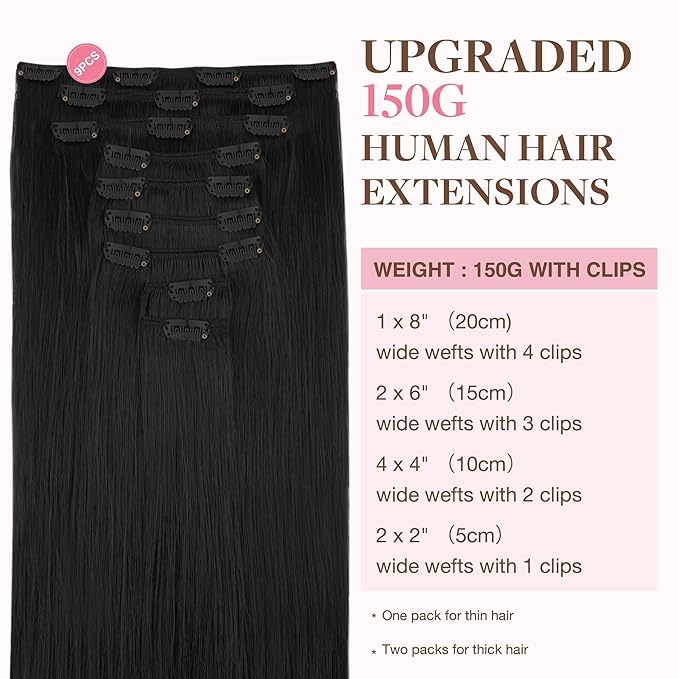GOO GOO Clip in Hair Extensions Real Human Hair, Remy Human Hair Extensions Clip ins for Women, Natural Human Hair, 18inch 150g 9Pcs, 1 Jet black