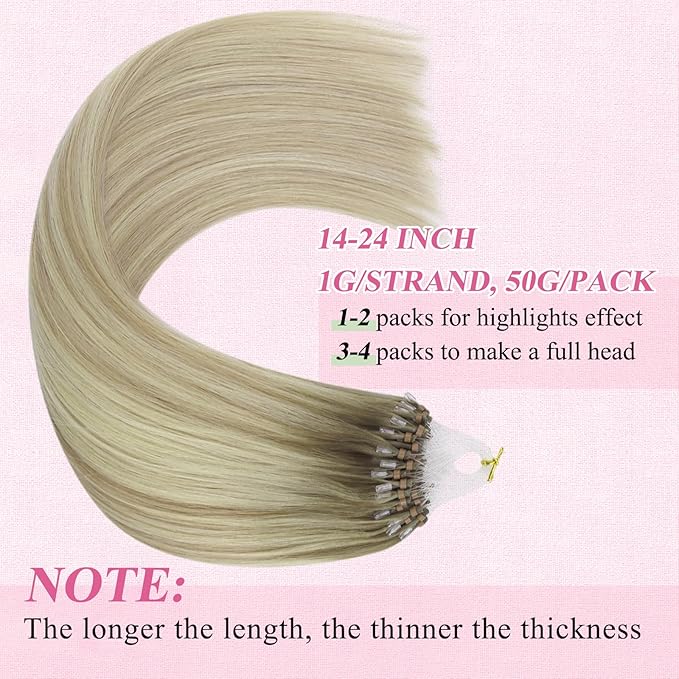YoungSee Micro Bead Hair Extensions Real Human Hair Blonde Ombre Micro Ring Hair Extensions Human Hair Blonde to Platinum Blond Bead Hair Extension Human Hair Balayage for Wedding 20In 50s/50g