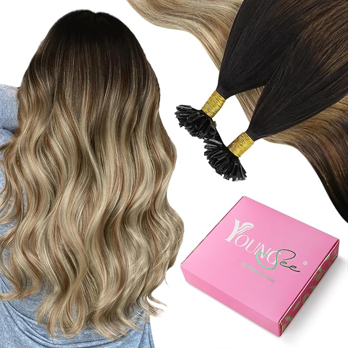 YoungSee U Tip Extensions Human Hair Balayage Utip Hair Extensions Human Hair Brown with Blonde Balayage K Tip Hair Extension Real Hair Ombre Long Hair 24In for Date Nights 50s/50g