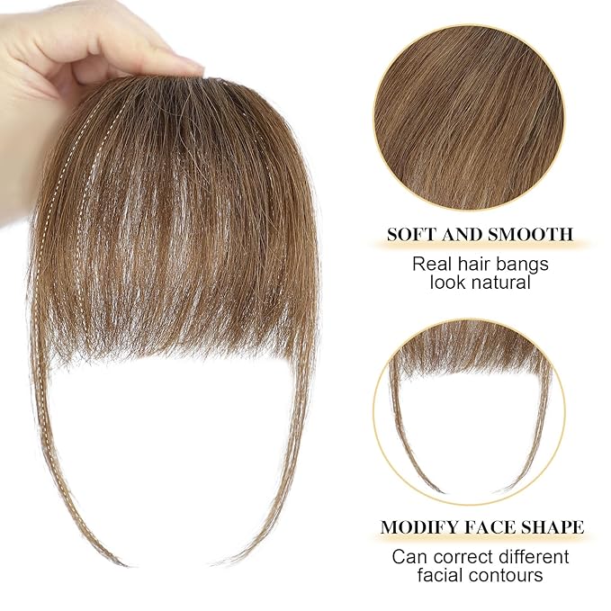 BOGSEA Clip in Bangs 100% Human Hair Bangs with Temples Bangs Hairpieces for Women Clip in Fake Bangs for Daily Wear (Light Brown, Wispy Bangs)