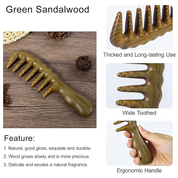 Thicken Wooden Wide Tooth Comb, Large Natural Sandalwood Hair Combs for Curls, Women and Men, Detangles Long Thick Wet or Dry Hair, Head Scalp Massager, Anti-static (Green Sandalwood)