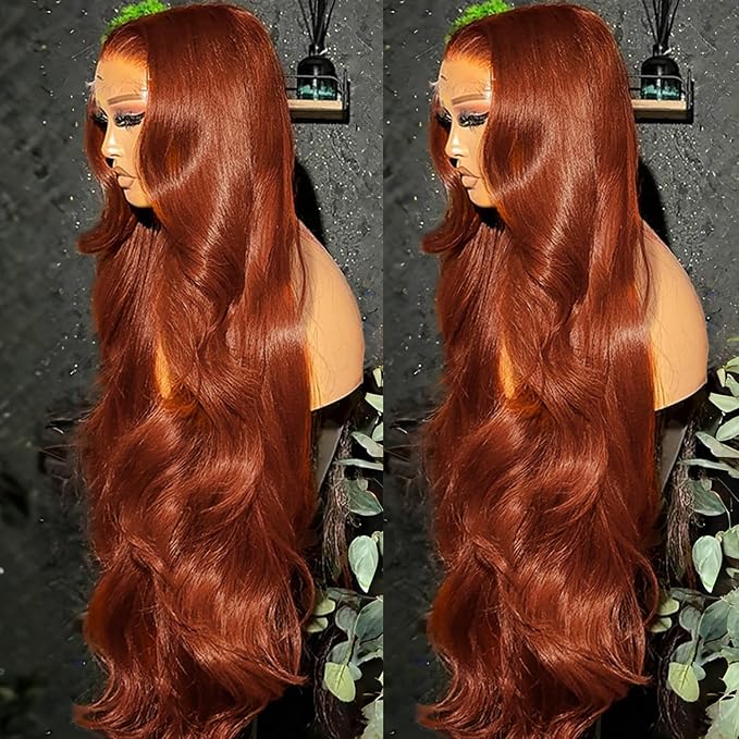 AMIRTY 250 density 34 Inch Dark Ginger Wig Human Hair Pre Plucked 13x4 Auburn Colored Lace Front Wigs Body Wave Glueless Wigs Human Hair HD Lace Frontal Reddish Brown Human Hair Wig