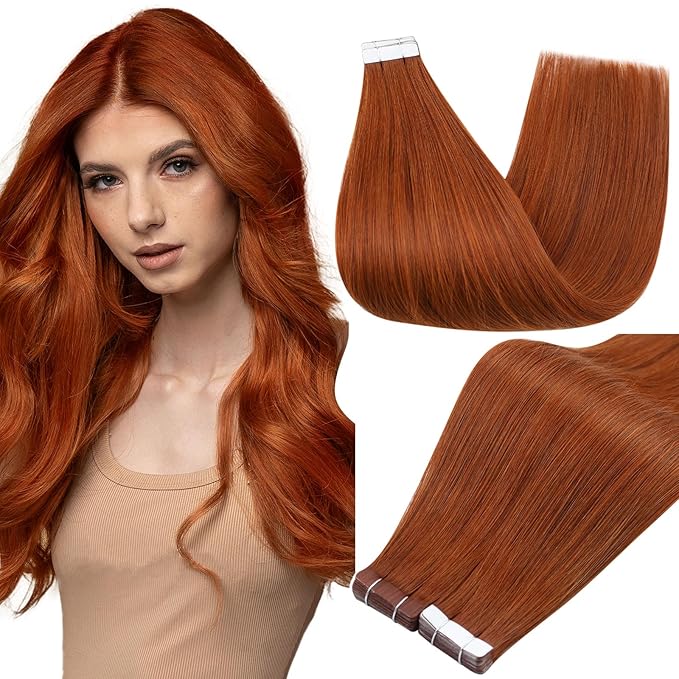 Full Shine Tape in Human Hair Extensions Invisible Tape in Hair Extensions Color 550 Copper Natural Adhesive Skin Weft 22Inch Seamless Remy Extension 50Gram 20Pcs for Wedding