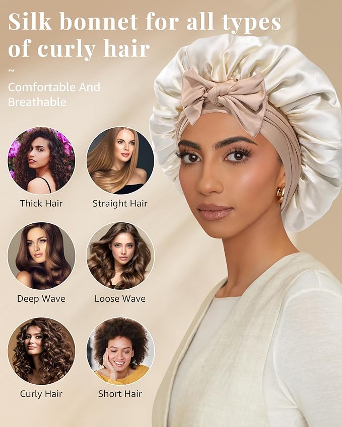 AWAYTR Silk Bonnet for Sleeping Women 100% Mulberry Silk Bonnet with Band 2 Layer Reversible Hair Bonnet Sleeping Hair Wrap (Dark Brown/Light Champagne)