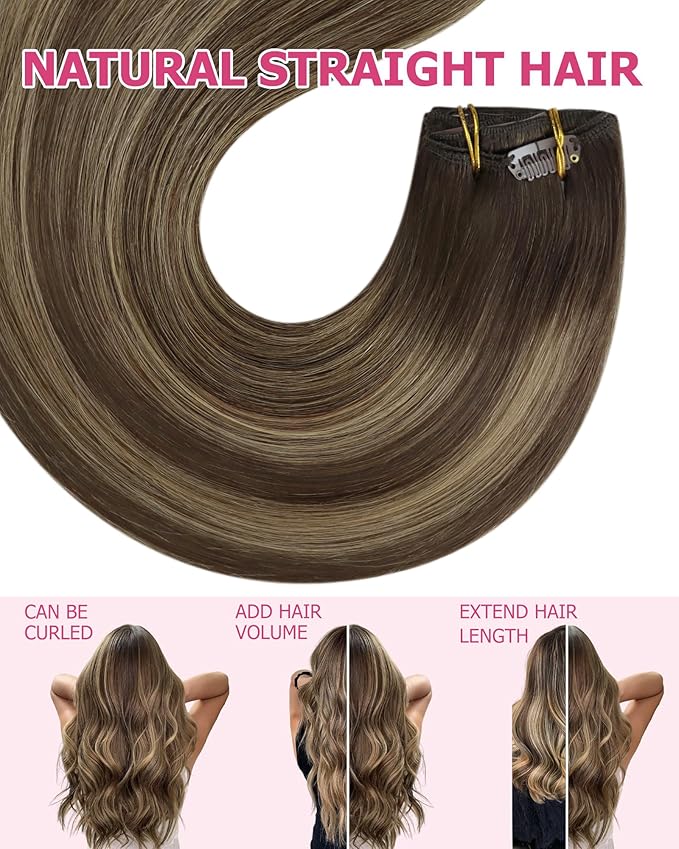 YoungSee Clip in Human Hair Extensions Balayage Brown Hair Clip in Extensions Chocolate Brown Balayage Caramel Blonde Clip Hair Extension Real Human Hair Long Straight for Women 120G 7Pcs 24Inch