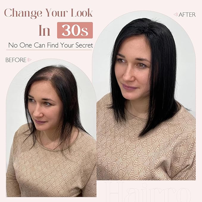 Hairro 100% Human Hair Topper No Bangs, Real Clip in Hair Hairpieces for Women, 3.94x4.72" Silk Base for Thinning Receding High Hairline, 10 Inch Natural Black to Blonde Middle Part