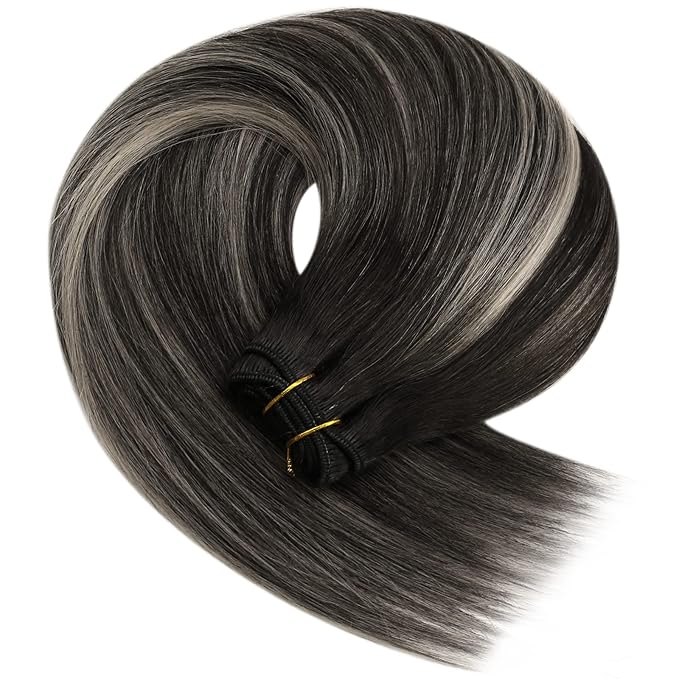 YoungSee Weft Hair Extensions Black Roots to Silver Mix Black Human Hair Weft Extensions Balayage Sew in Bundles Human Hair Long Straight Hair 22Inch 100G