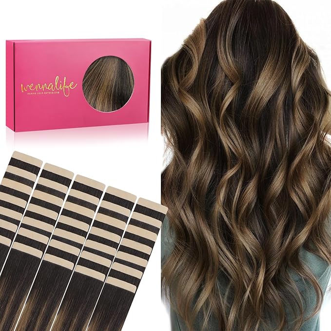 WENNALIFE Tape in Hair Extensions Human Hair, 40pcs 100g 22 inch Balayage Dark Brown Mixed Chestnut Brown Hair Extensions Real Human Hair Straight Tape in Extensions Invisible Human Hair Extensions