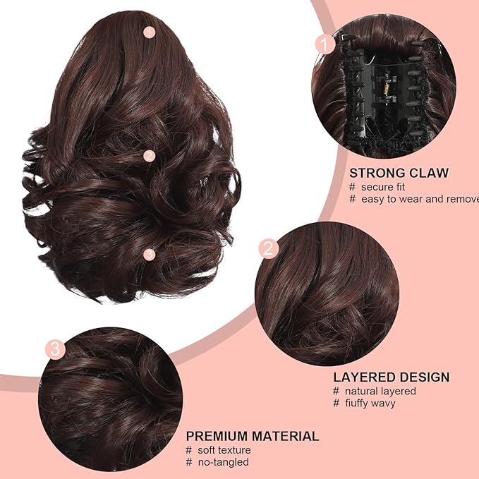 Ponytail Extension, Clip on Ponytails for Women, 9" Claw Clip in Short Curly Wavy Pony Hair Extension for Women - Brunette