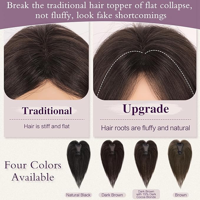 RUWISS Hair Toppers for Women Real Human Hair Lightweight Brown Clip in Hair Piece for Thinning Hair Fluffy Straight Hair Topper without Bangs