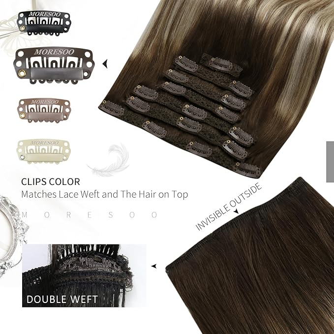 Moresoo Clip in Hair Extensions Real Human Hair Straight Balayage Dark Brown to Light Brown Ombre Medium Blonde Clip Extensions Long Hair Extensions Clip in Human Hair 7 Pieces 120G 16 Inch