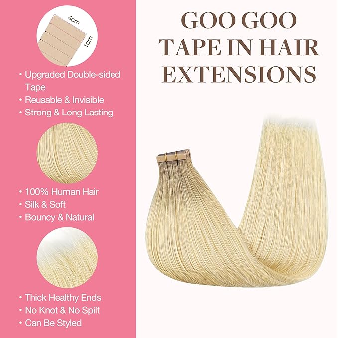 GOO GOO Tape in Hair Extensions Human Hair, R7/60F Rooted Ash Blonde with Frosted Highlights, 16inch 50g 20pcs, Skin Weft Seamless Invisible, Silky Straight with Thick Ends, Remy Human Hair
