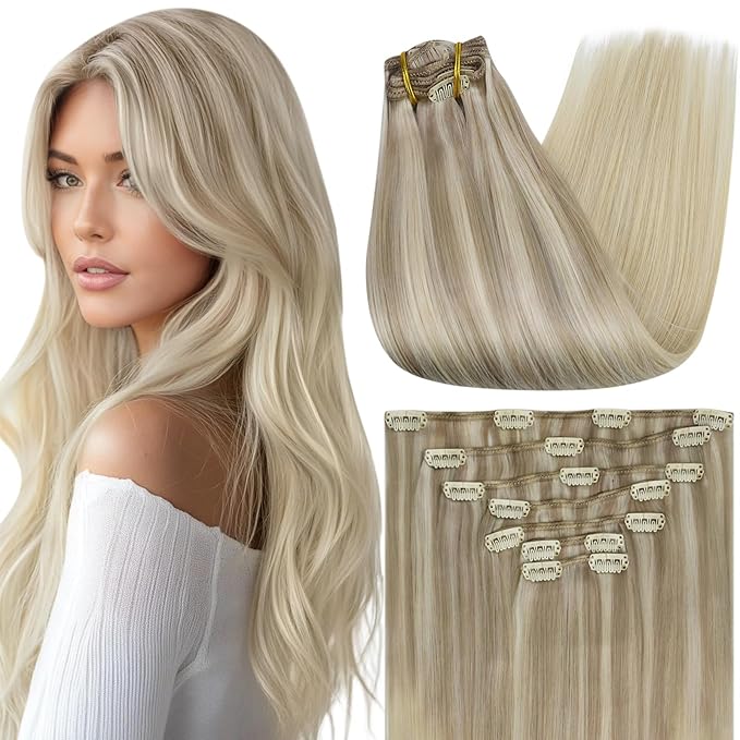 Full Shine Clip in Hair Extensions Real Human Hair Ash Blonde Highlights Platinum Blonde Natural Hair Clip in Extensions Double Weft Soft Straight Remy Brazilian Hair 7 Pcs 20 Inch