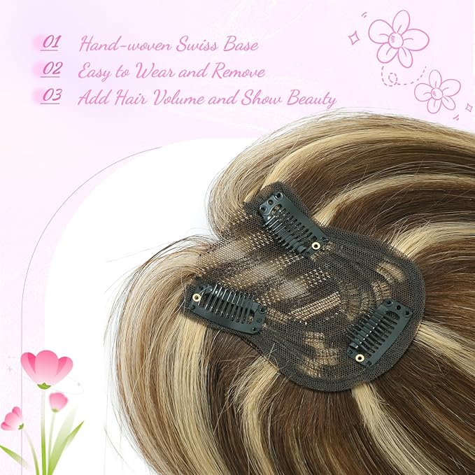 YAMI Hair Toppers for Women Fluffy Human Hair Topper 10inch Handmade Swiss Base Hairpieces 360° Cover Hairloss (Medium Brown with Highlight)