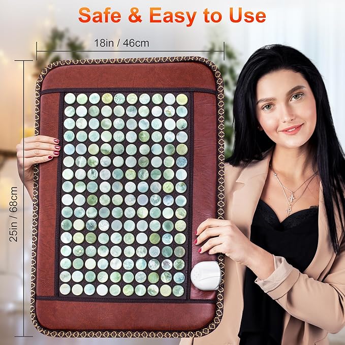 Natural Blue Jade Heating Pad, Infrared Heating Pad, Far Infrared Heating Pads with Travel Bag and Chair Strap, Smart Controller with Memory Function, Auto Shut Off (Brown, 25 in x 18 in)