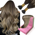 YoungSee I Tip Hair Extensions Balayage I Tip Extensions Brown Ombre Dark Brown with Ash Blonde Itips Real Human Hair Extension Itips Brown Hair Extension 14Inch 50g 80s Cold Fusion Hair Extension