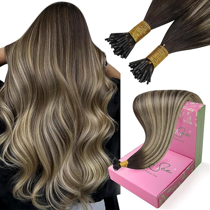 YoungSee I Tip Hair Extensions Human Hair Balayage I Tips Hair Extensions Real Human Hair Balayage I-Tip Hair Extension Ombre Dark Brown with Ash Blonde Itip Human Hair Extension 18 Inch 60s 50g