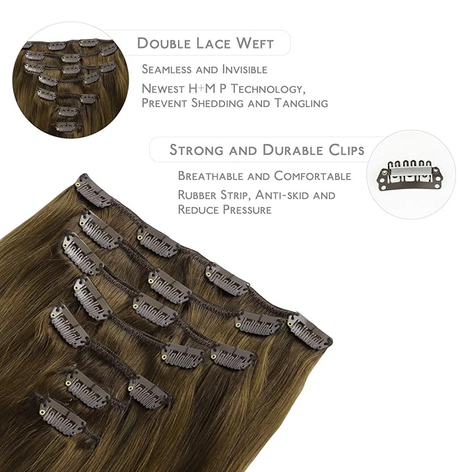 WENNALIFE Clip in Hair Extensions Real Human Hair, 22 Inch 120g 7pcs Ombre Walnut Brown to Ash Brown and Bleach Blonde Clip in Human Hair Remy Clip in Hair Extensions Real Human Hair Double Weft