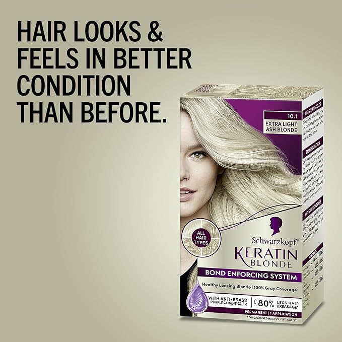 Schwarzkopf Keratin Color Permanent Hair Color, 10.1 Extra Light Ash Blonde, 1 Application-Salon Inspired Permanent Hair Dye, for up to 80% Less Breakage vs Untreated Hair and up to 100% Gray Coverage