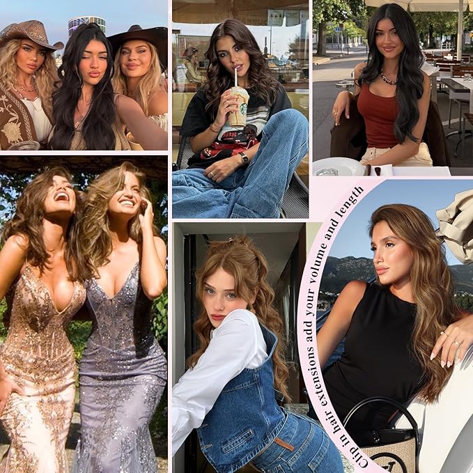 Hair Extensions for Women, 8PCS 16 Inch Curly Light Brown Clip in Hair Extensions Mix Blonde, Synthetic Wavy Full Head Thick Hairpieces for Women